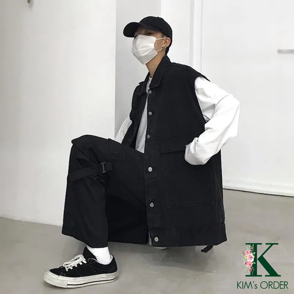Áo khoác nữ jean màu xanh đen sát nách phom rộng nam nữ Unisex phong cách bụi bặm cực chất Ulzzang Hàn Quốc
