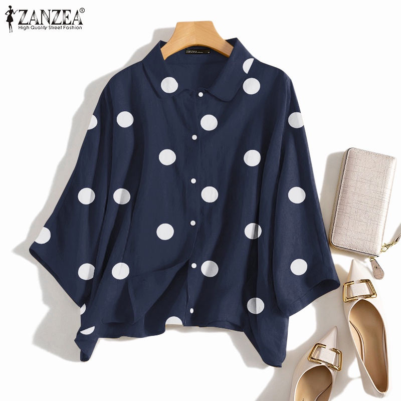ZANZEA Áo Sơ Mi Nữ Tay Dài Cổ Bẻ Họa Tiết Chấm Bi Thời Trang
