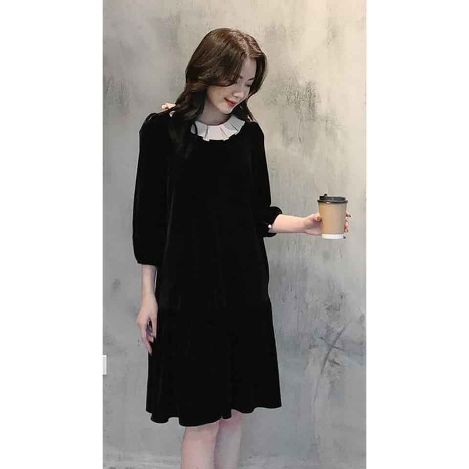 Váy suông phối cổ nữ dáng dài Eva Design chất liệu nhung cao cấp kiểu hàn quốc siêu đẹp , siêu xinh
