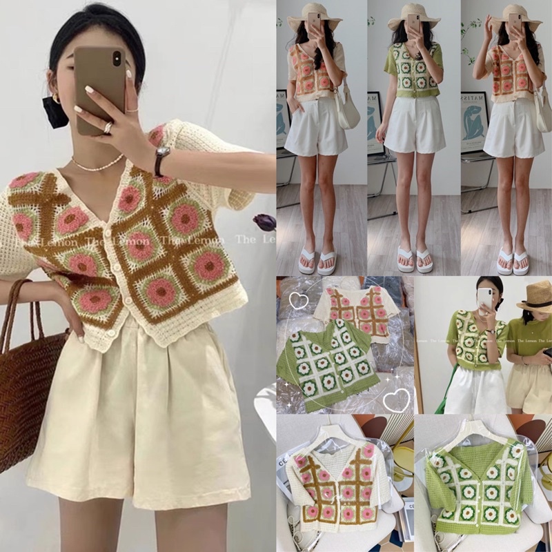 [Ảnh thật/Videp]Áo len pha tay hoa thêu Sunday  mã hai màu hồng xanh Áo mongtogi hàng Quảng Châu