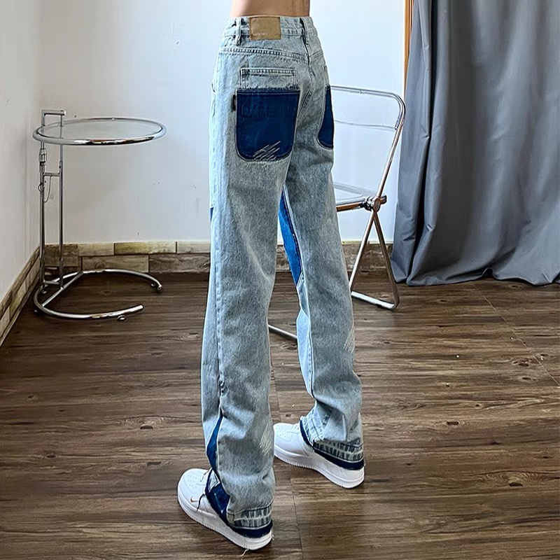 Quần jean ống rộng unisex họa tiết thêu sao cao cấp phong cách đường phố