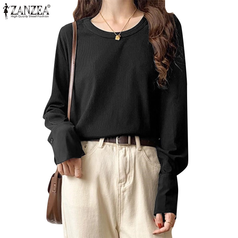 Áo thun ZANZEA tay dài cổ tròn phong cách Hàn Quốc sành điệu cho nữ