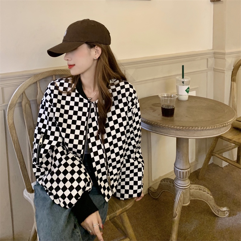 Áo khoác bóng chày sọc ca rô thời trang Retro cá tính cho nữ