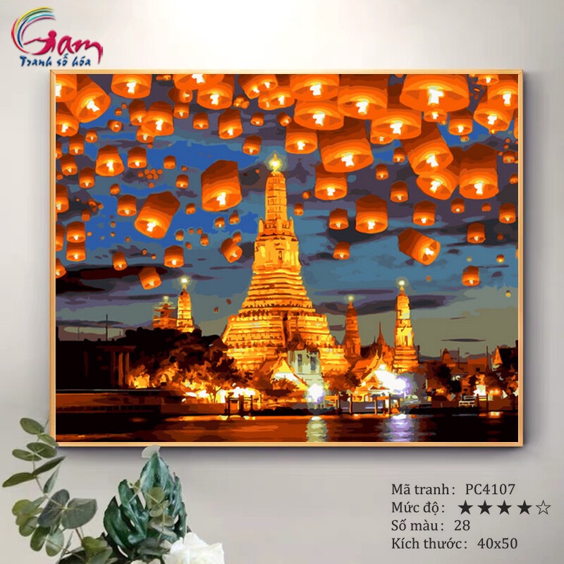 Tranh sơn dầu số hóa tự tô màu Gam lễ hội đèn trời chùa Wat Arun PC4107