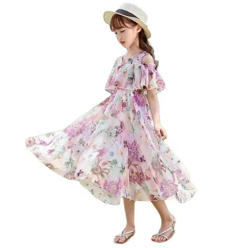 Kkx Đầm Công Chúa Hai Dây Đi Biển Vải Voan In Hoa Lớn Phong Cách Hàn Quốc Dành Cho Bé Gái 3-13 Tuổi