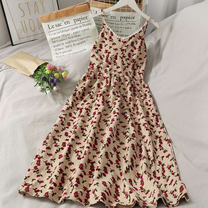 [Sẵn Đỏ] Váy Hai Dây Hoa Nhí Nhung Tăm Eo Cao Hàng Quảng Châu Loại 1 V03 | BigBuy360 - bigbuy360.vn