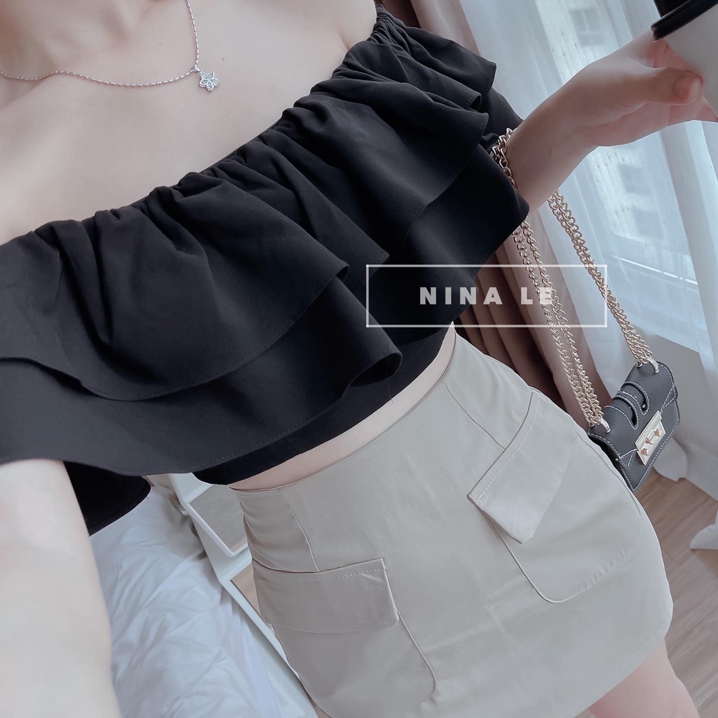 SET ÁO BẸT VAI ĐEN BÈO + CHÂN VÁY TÚI NẮP KEM