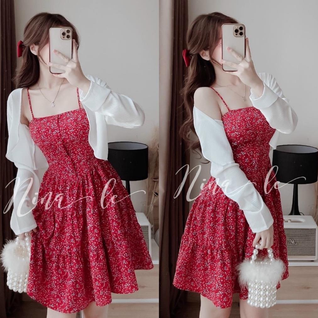 Set Đầm Hai Dây Hoa Nhí Màu Đỏ Xếp Tầng Kèm Áo Khoác Dài Tay Nữ Tính Siêu Xinh Thời Trang Nữ Xm Minh Phúc