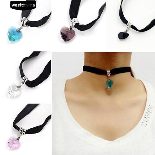 Vòng cổ choker trang trí mặt đá màu hình trái tim sành điệu cho nữ