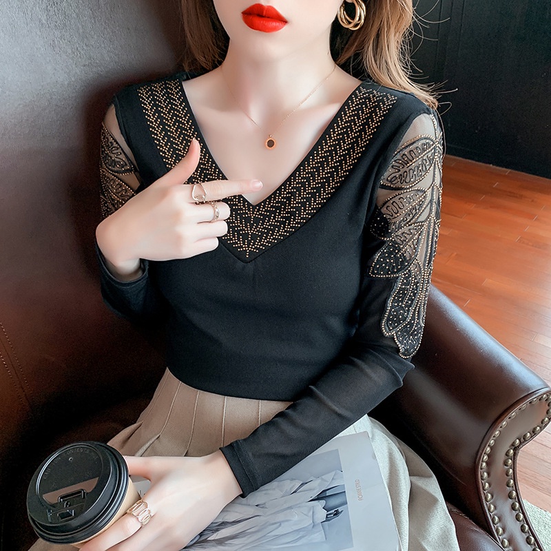 Áo kiểu trễ vai áo lưới dài tay V Phối Lưới In Họa Tiết Đính Đá Thời Trang Cho Nữ