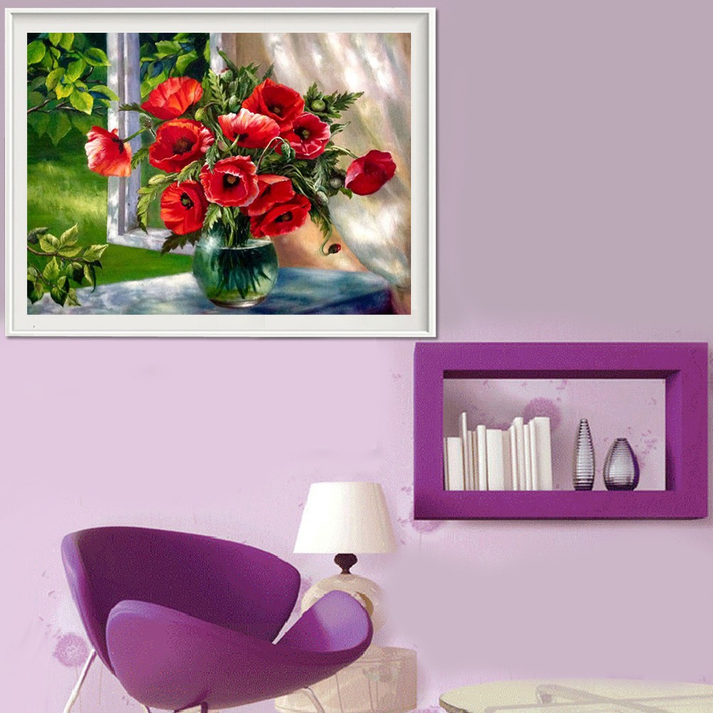 Bộ tự làm tranh đính đá 5D kích thước 40x30cm hình lọ hoa đỏ trang trí | BigBuy360 - bigbuy360.vn