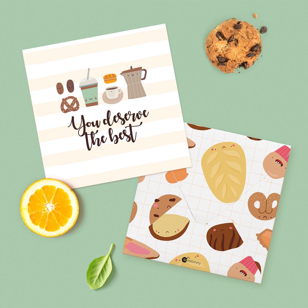 Thiệp tặng bạn bè chúc mừng chúc may mắn động viên SDstationery Tasty Treat 12x12 hình minh họa đồ ăn dễ thương