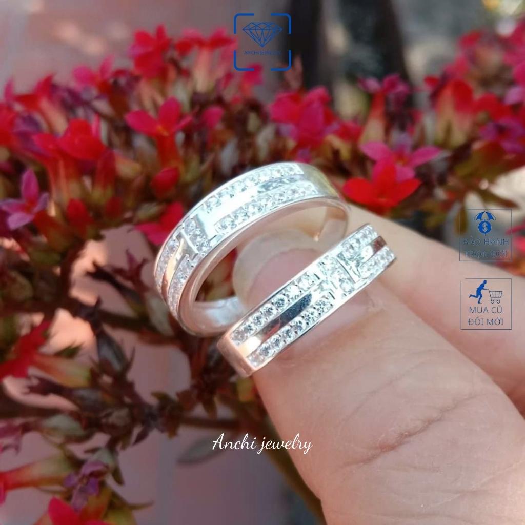 Nhẫn đôi bản to khắc hoa văn đính đá, chuẩn bạc ta sáng đẹp - Anchi jewelry, Quà 14/2