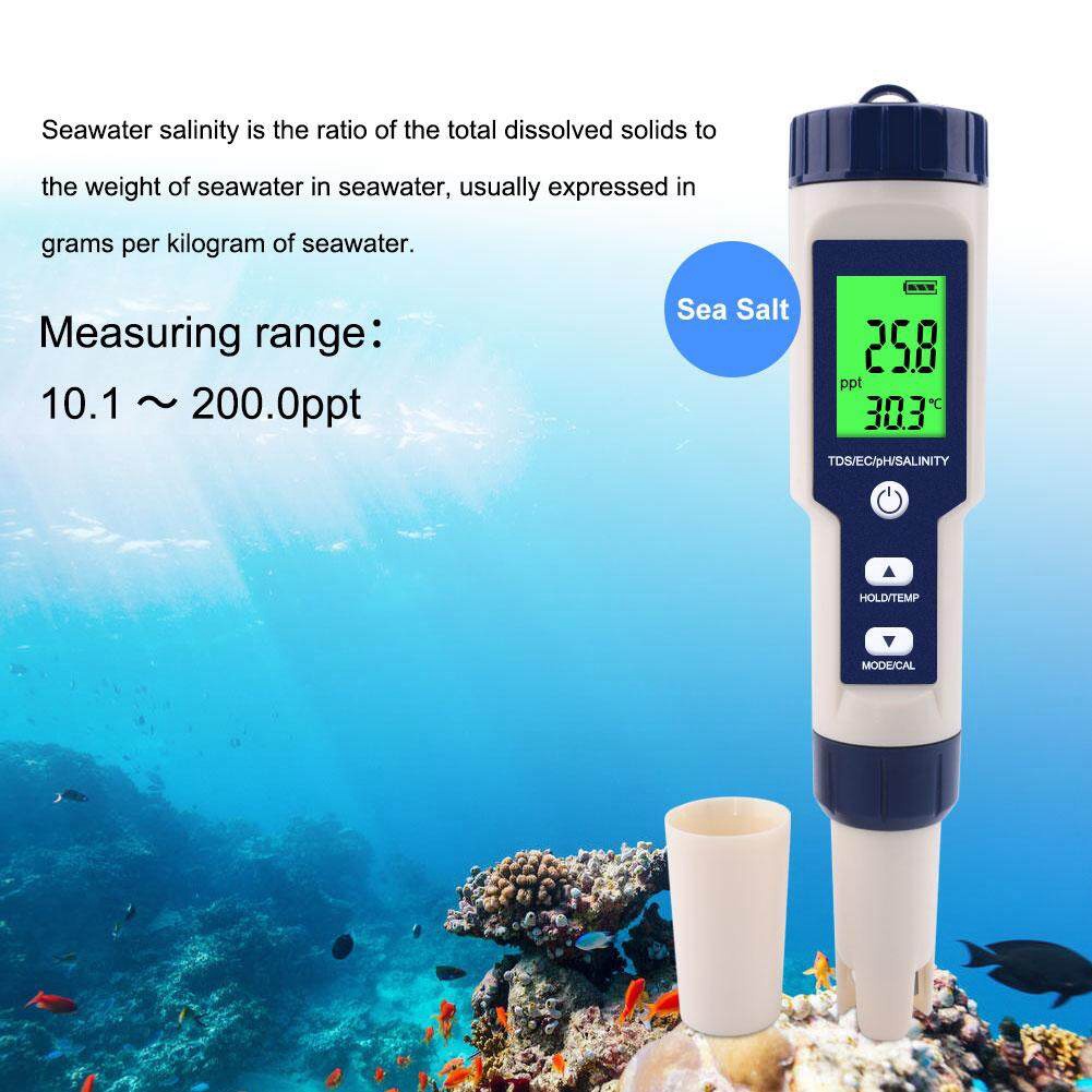 Máy đo độ mặn của nước 5 chức năng xác định chính xác độ PH/TDS/EC/độ mặn/Nhiệt Độ cho ao nuôi, tưới cây, nước uống