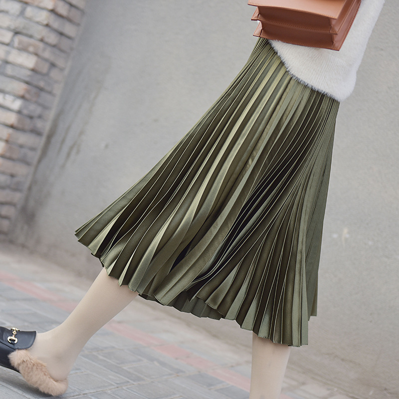 Chân Váy Dáng Chữ A Xếp Ly Vải Satin Phong Cách Hàn Quốc