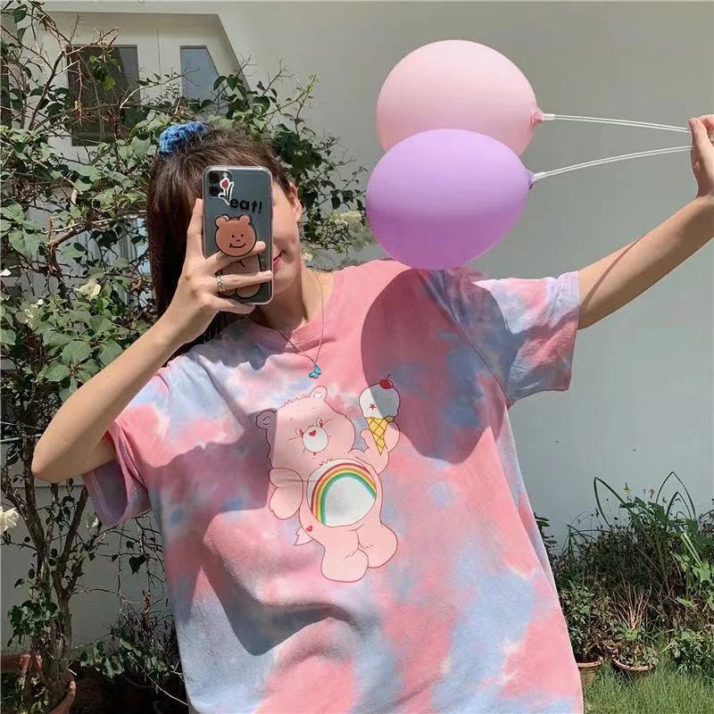 ins tie-dyed bear new western style short-sleeved t-shirt women loose Korean version of the trendy net red Harajuku strange blouse body fabric