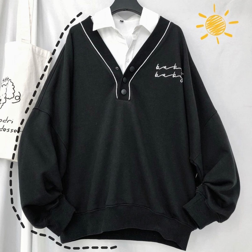 Áo Sweater BABY Nam Nữ Unsiex OVERSIZE vải nỉ lót bông tay dài Viền Cổ trắng/ đen Form Rộng Ulzzang | BigBuy360 - bigbuy360.vn