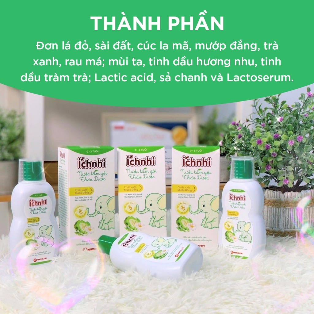 Nước Tắm Gội Thảo Dược Ích Nhi Lọ 230ml (0-3 Tuổi) Bảo Vệ Bé Suốt 24h Ngừa Rôm Sảy, Hăm Da, Mẩn Ngứa