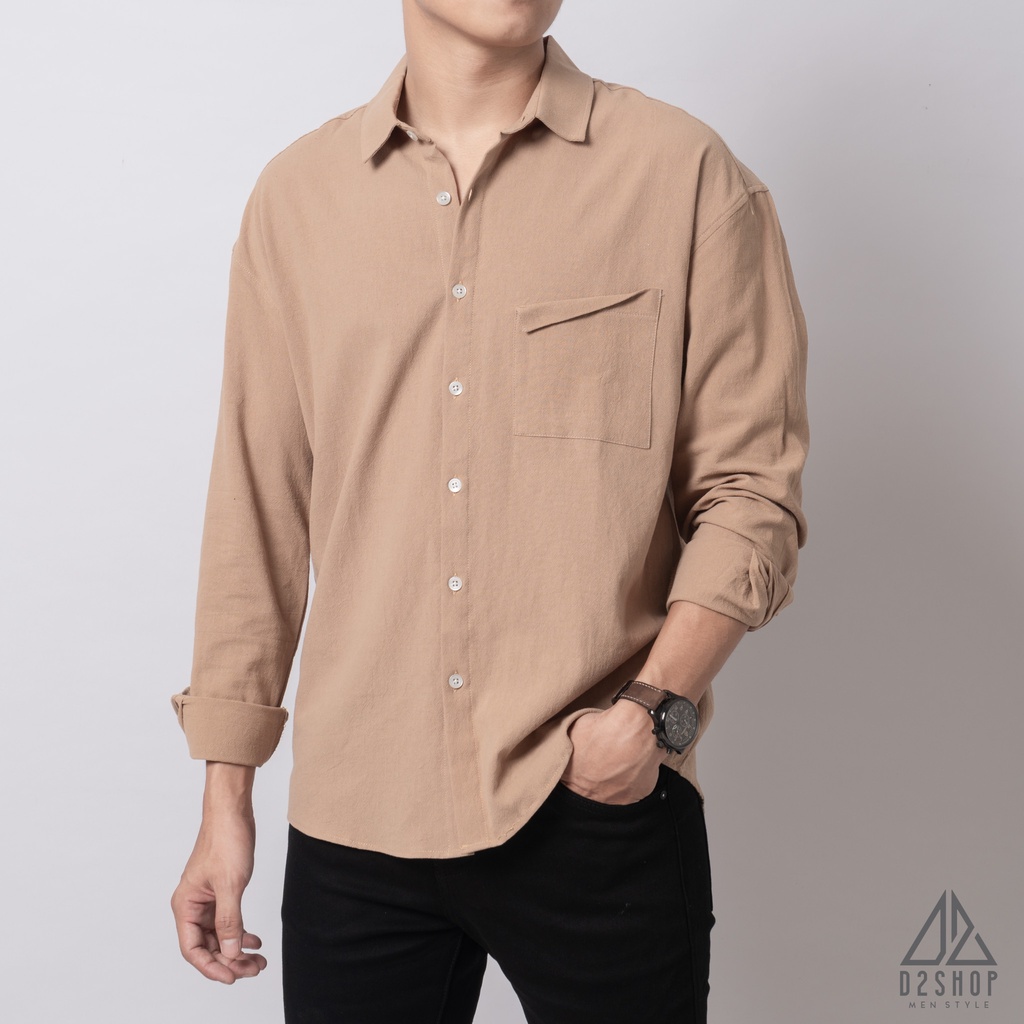 Áo sơ mi D2shop, áo sơ mi nam dài tay vải linen túi xếp, màu be