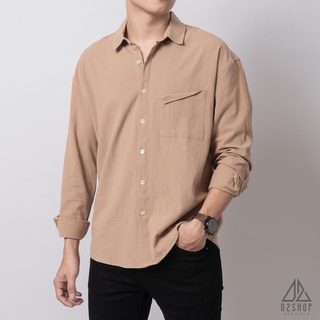 Áo sơ mi D2shop, áo sơ mi nam dài tay vải linen túi xếp, màu be