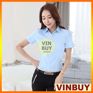 Áo sơ mi tay ngắn màu xanh viettinbank trắng đen công sở nữ form đẹp che bụng vải mặc thoán mát mềm không nhăn