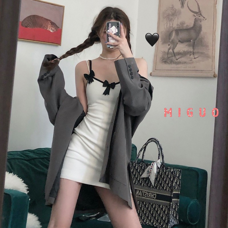 MIGUO chic sweet VINTAGE all-match bow sling dress