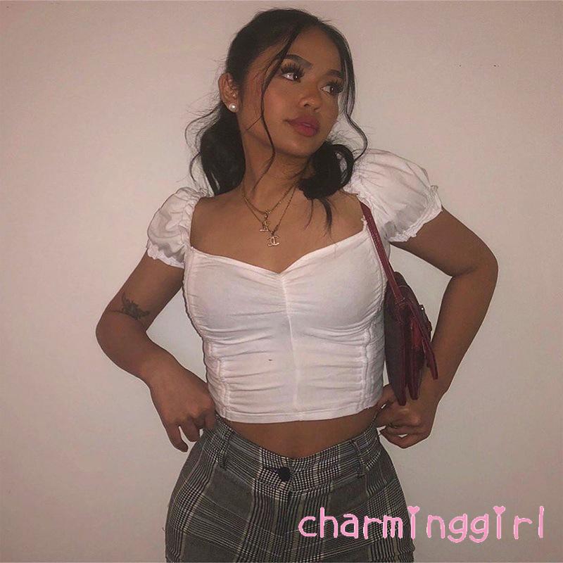 Áo Croptop Ngắn Tay Phối Bèo Thiết Kế Màu Trơn Thanh Lịch