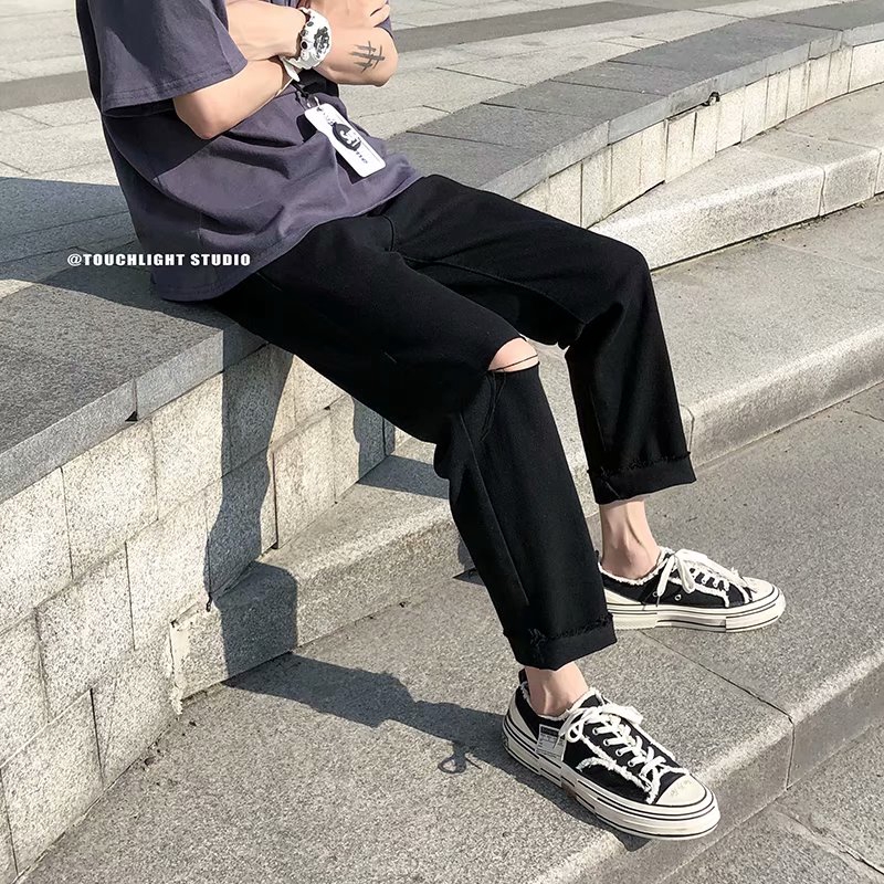 Street fashion men's ripped long jeans