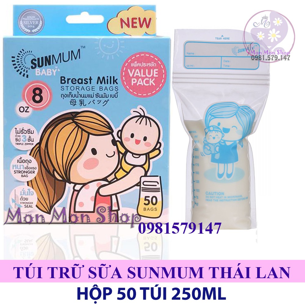 [Hộp nguyên tem] Túi trữ sữa, túi đựng sữa mẹ Sunmum 250ml Thái Lan 3 khóa zipper hộp 50 túi