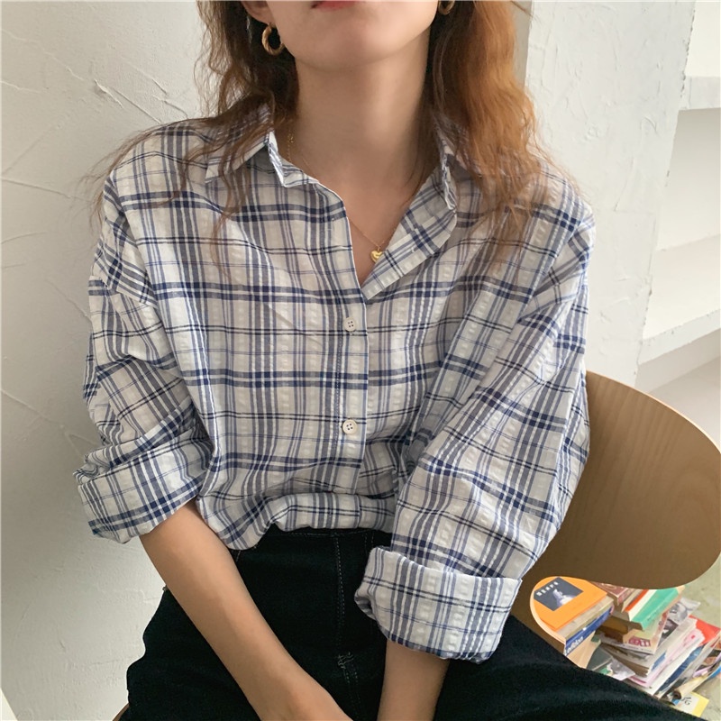 Áo sơ mi tay dài kẻ sọc caro thời trang dành cho nữ 45929