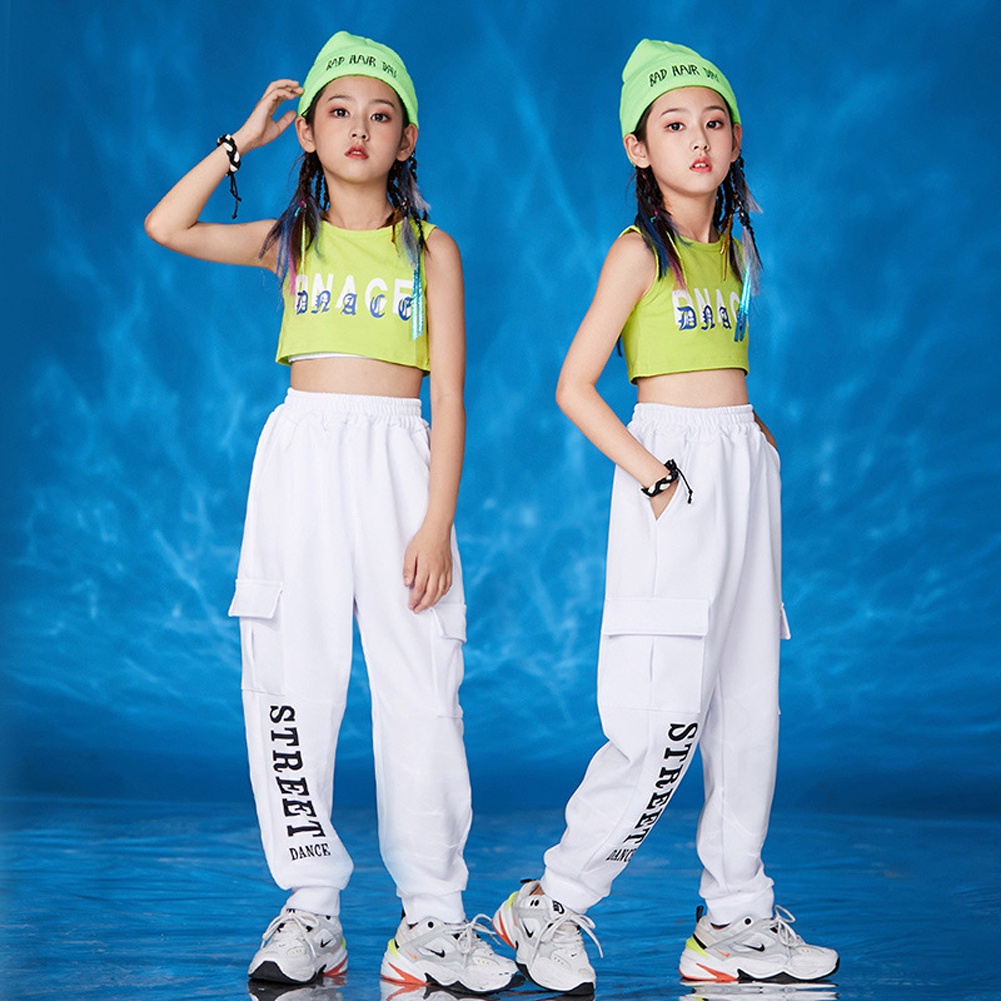 Set Đồ Biểu Diễn Gồm Áo Croptop + Quần Dài Màu Trắng/Xanh Lá Phong Cách Hip Hop Hàn Quốc Dành Cho Bé Gái 4-15 Tuổi