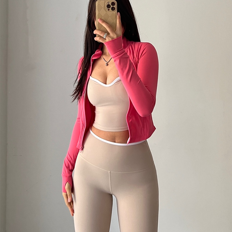 Áo khoác thể thao ANRAN dáng ôm vừa vặn tay dài cổ đứng phối khóa kéo thời trang tùy chọn màu sắc cho nữ