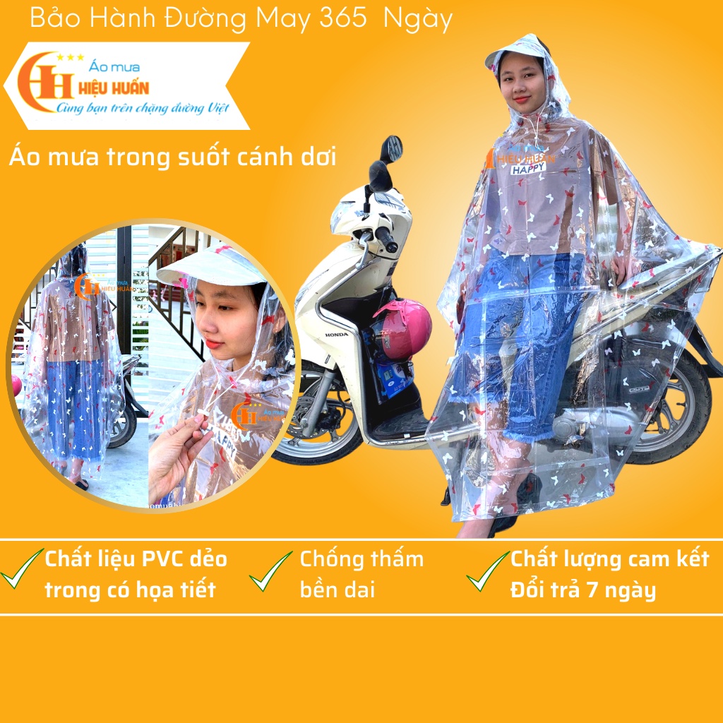 Áo Mưa Trong Suốt Cánh Dơi Nhựa dẻo có họa tiết Hiệu Huấn không nắp gương aomuahieuhuan