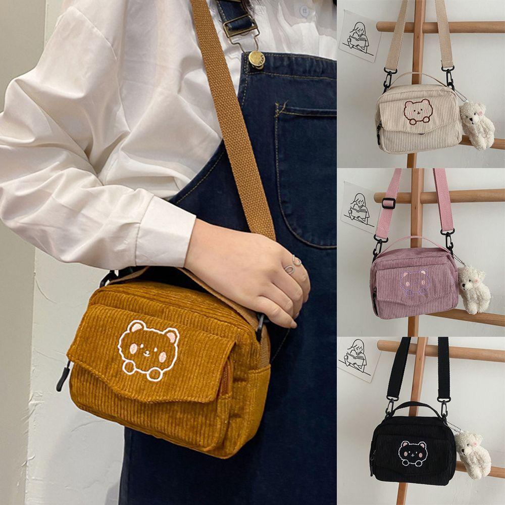 Túi Đeo Vai Bằng Vải Nhung Họa Tiết Gấu Hoạt Hình MIHAN1