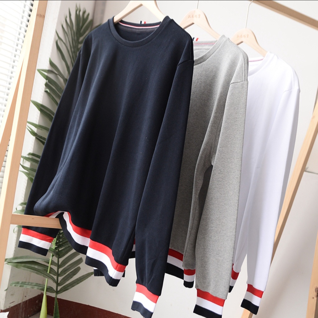 Áo Sweter Sọc Trắng Đỏ Gấu Áo ❤ Áo Nỉ Cotton Dày Dặn Nam Nữ NVA152