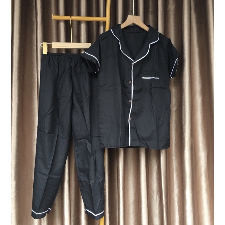 Bộ pijama phi lụa tay cộc quần dài viền kẻ hot - Bộ lụa mát
