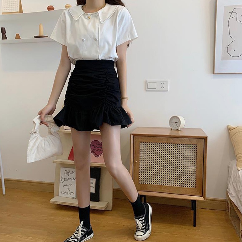 Chân Váy Chữ A Mini Lưng Cao Viền Xếp Nếp Màu Trơn Dành Cho Nữ