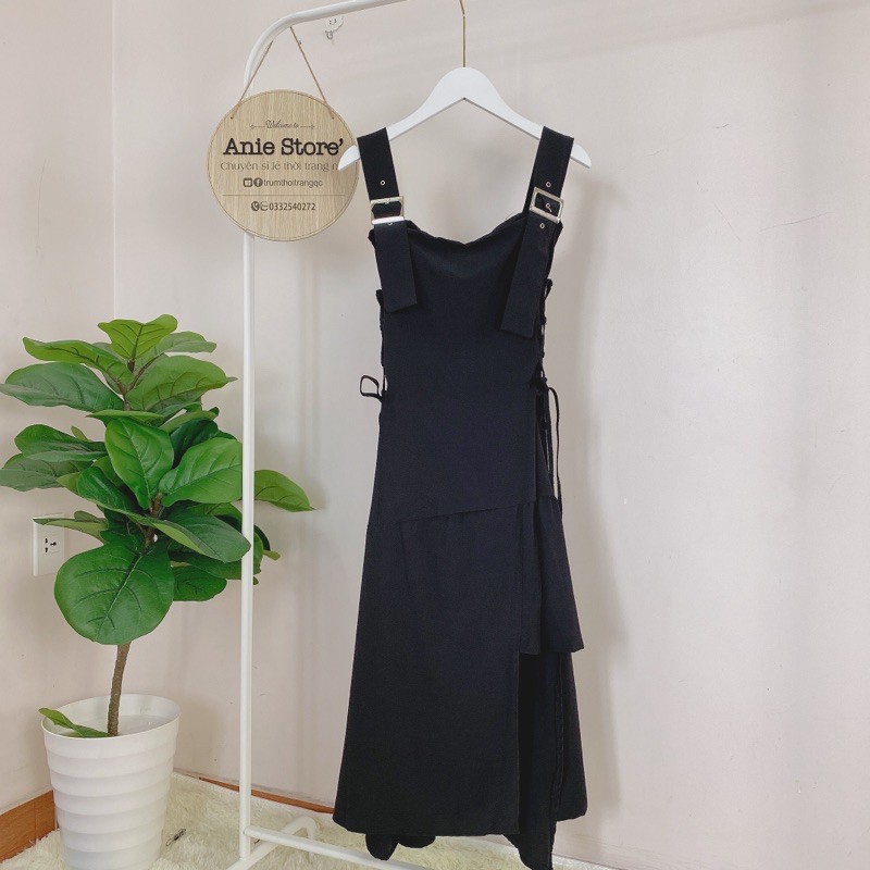 Đầm 2 Dây Đen Buộc Eo Lệch Tà 🦋 Váy 2s Nữ Chất Đũi Dây Điều Chỉnh 🦋