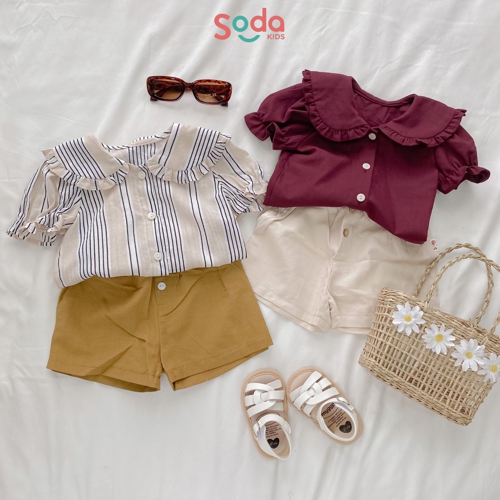 Áo sơ mi bé gái SODA KIDS thiết kế cổ bèo,chất liệu linen Hàn Quốc
