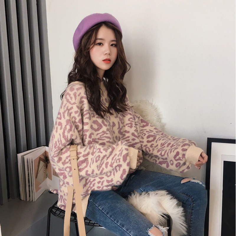 Thời Trang Thu Đông - Áo Len Nữ Hoạ Tiết Da Beo Xu Hướng Giởi Trẻ Cá Tính Kiểu Áo Len Tay Dài Viền Bo 2222