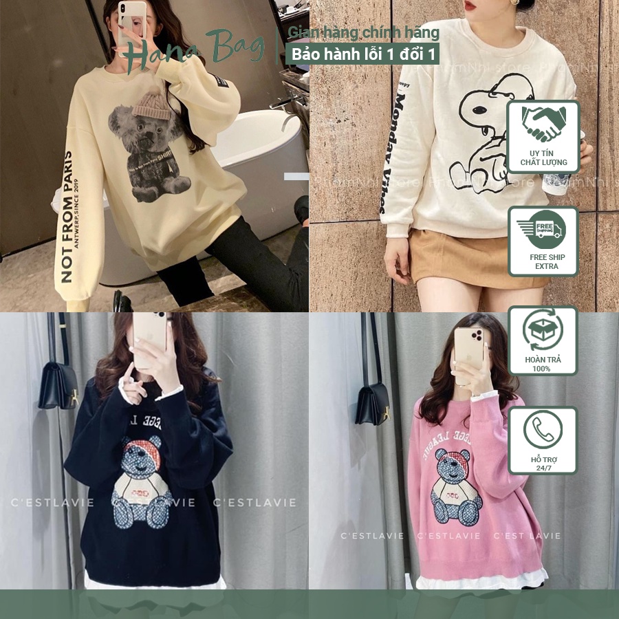 Áo sweater nữ, áo nỉ form rộng phong cách hàn quốc hình con gấu trước ngực