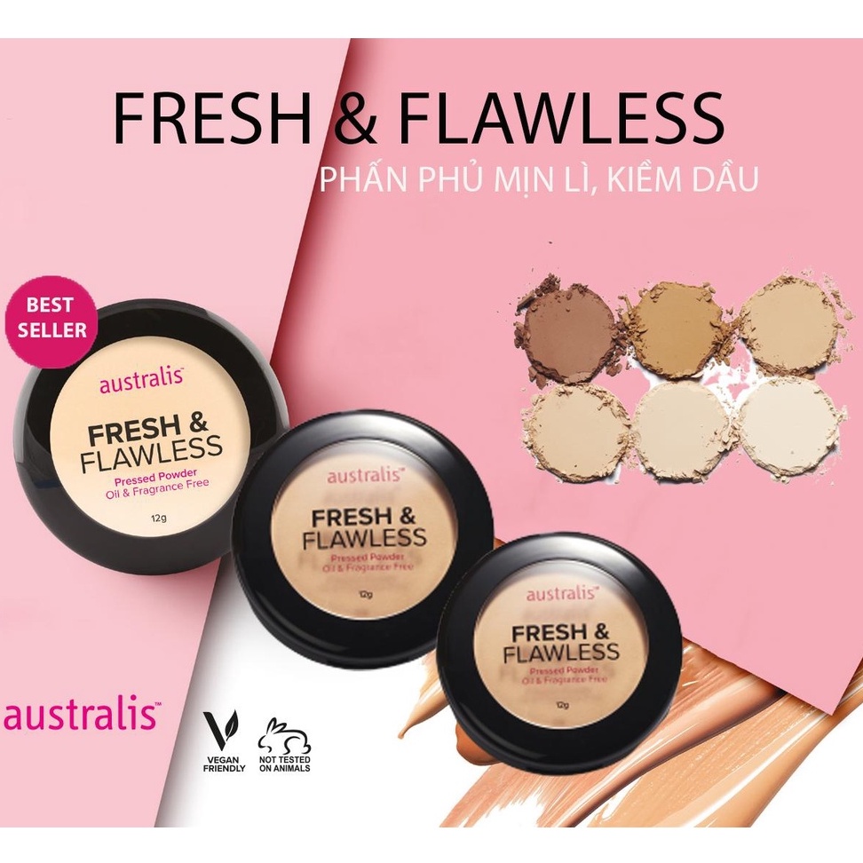 Phấn Phủ Trang Điểm Mịn Màng, Kiềm Dầu Tốt, Giành Cho Cả Da Nhạy Cảm Australis Fresh & Flawless Pressed Powder