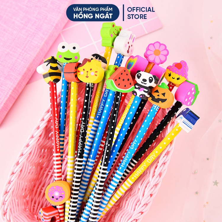 Bút chì gỗ cute đầu tẩy hoạt hình, đồ dùng học tập dễ thương văn phòng phẩm quà tặng học sinh B38