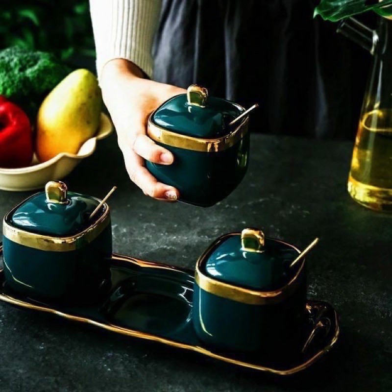 3 hũ gia vị sứ lục ngọc bảo. hàng cao cấp