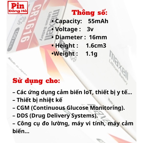 Pin 1616 CR1616 Maxell 1 vỉ 5 viên dùng cho cmos, thiết bị điện tử, đồng hồ, bảng mạch, đồ chơi,...