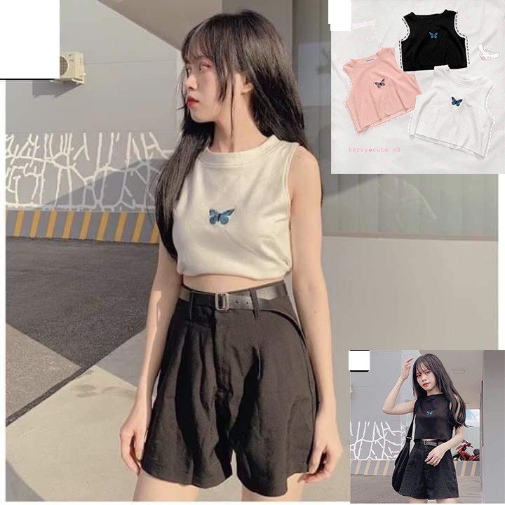 Áo Croptop Bozip 3 Lỗ Thêu Bướm 3 Màu