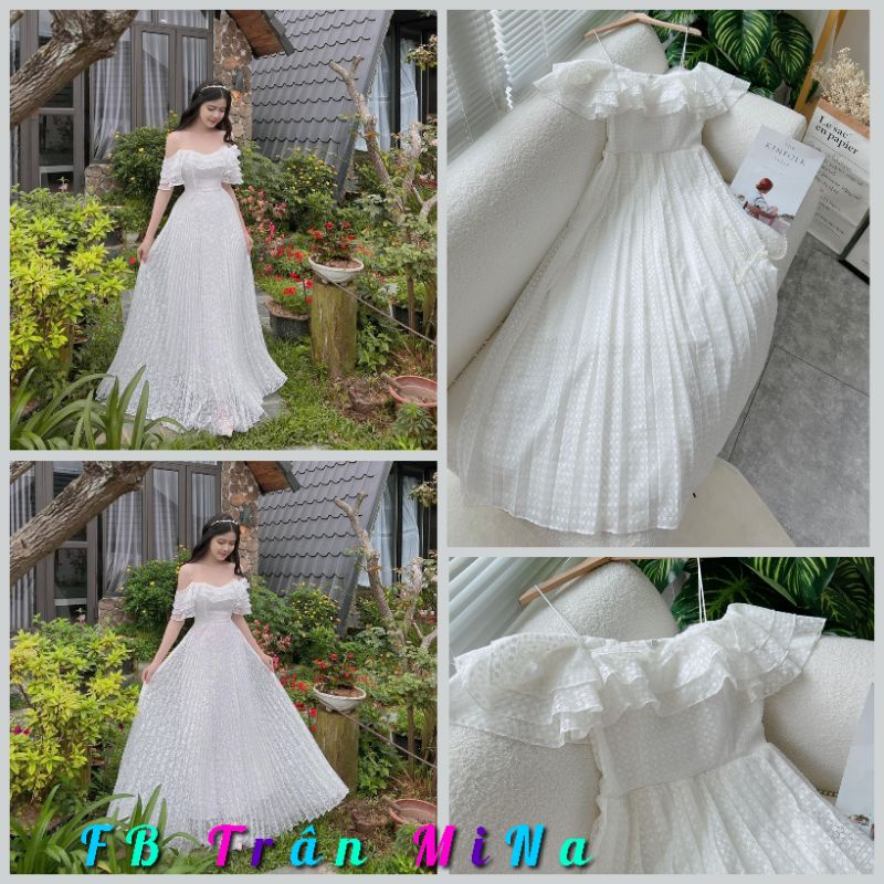 ĐẦM MAXI TRẮNG RỚT VAI DẬP LY