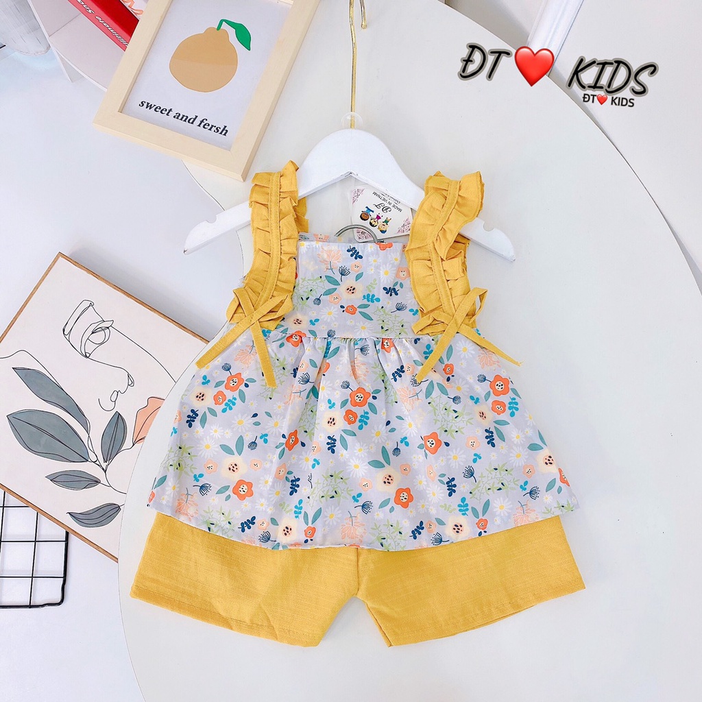 Đồ bộ bé gái size 8 đến 18 kg quần áo họa tiết hoa nhí viền QATE677, Bộ 2 dây bèo vai hoa nhí kèm quần thô cho bé