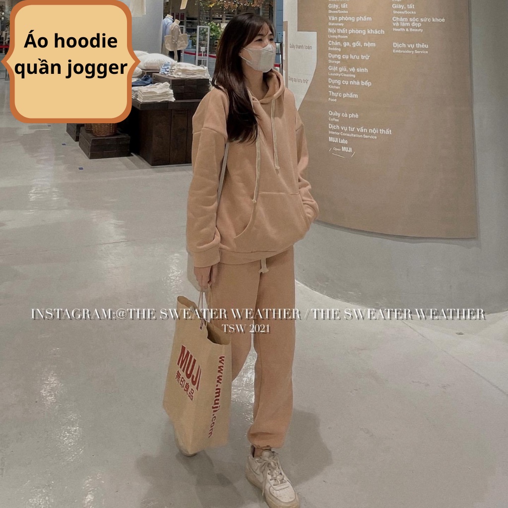 Set hoodie kèm quần jogger - Bộ đồ nỉ bông dày dặn, form rộng Ullzang, không bông xù