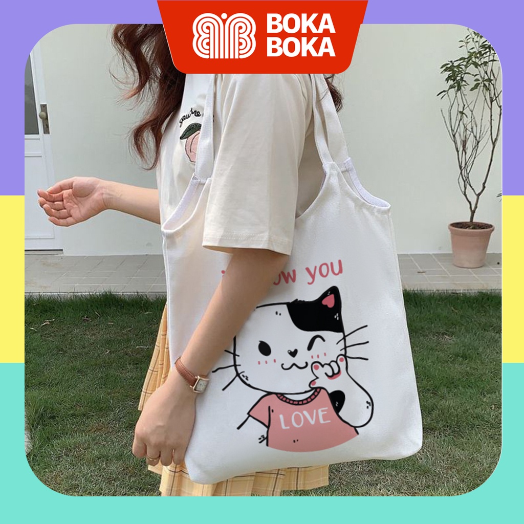 Túi Tote Vải Canvas Quai Tròn Hình Mèo Meow U Phong Cách Ulzzang (Có Khóa Kéo)